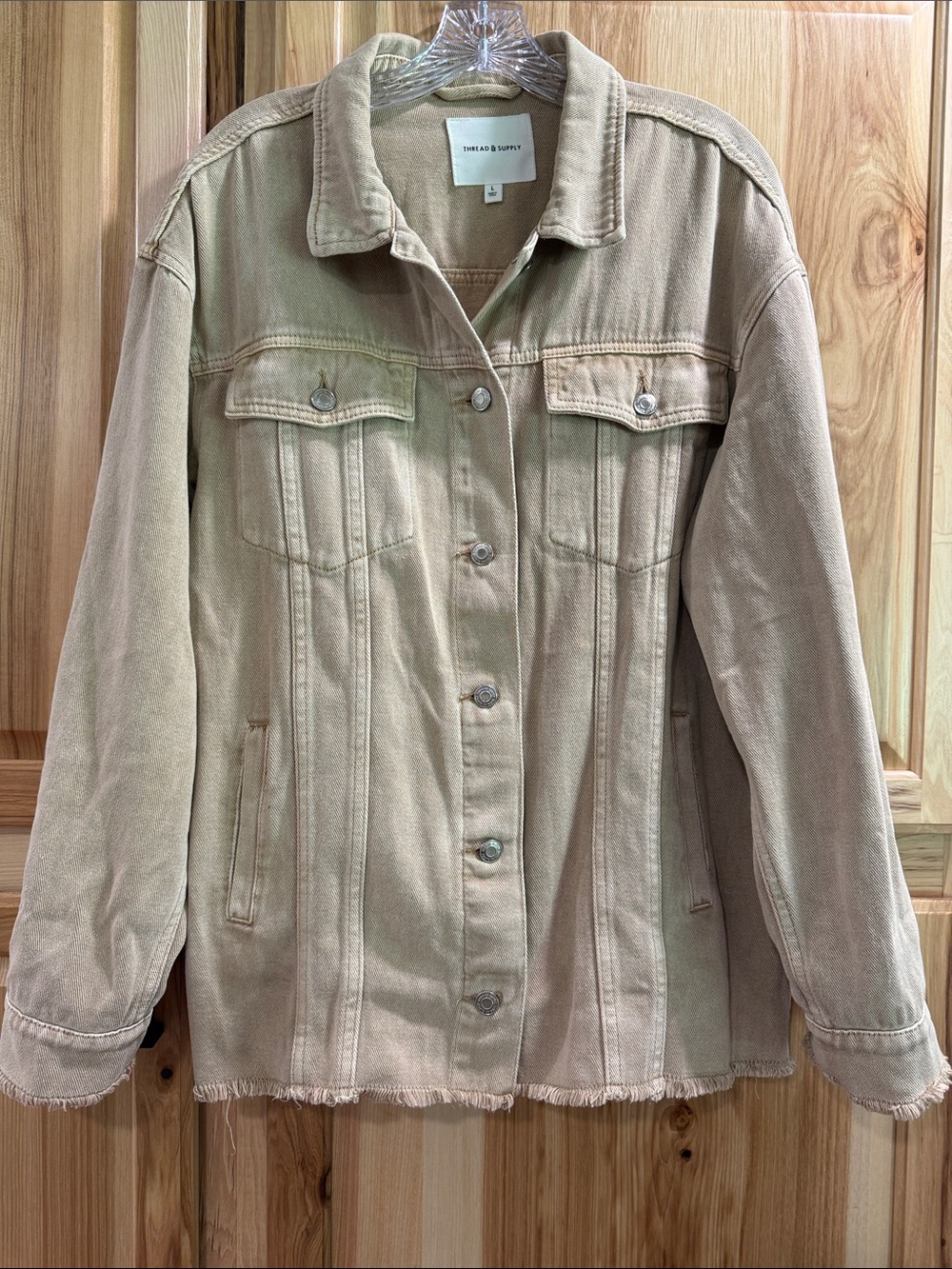 Thread & Supply Tan Frayed Hem Button Up Denim Neutral Utility Jacket Size L